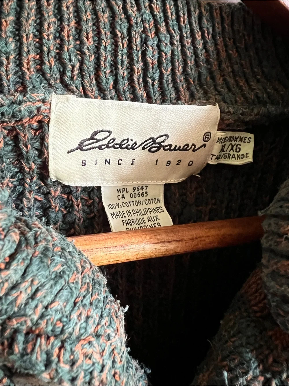 Vintage Eddie Bauer Mens XLT Henley Sweater Green Brown Marled Cotton Fisherman